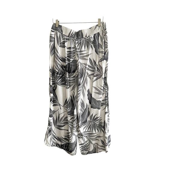 Tahari Palm Print Tropical Cropped Wide Leg 100% Linen Pants XL Black Ivory - Picture 2 of 9